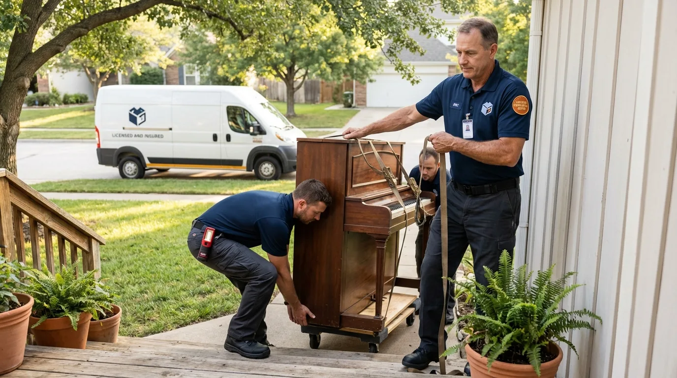 Licensed piano movers securing grand piano in Glen Rock, NJ