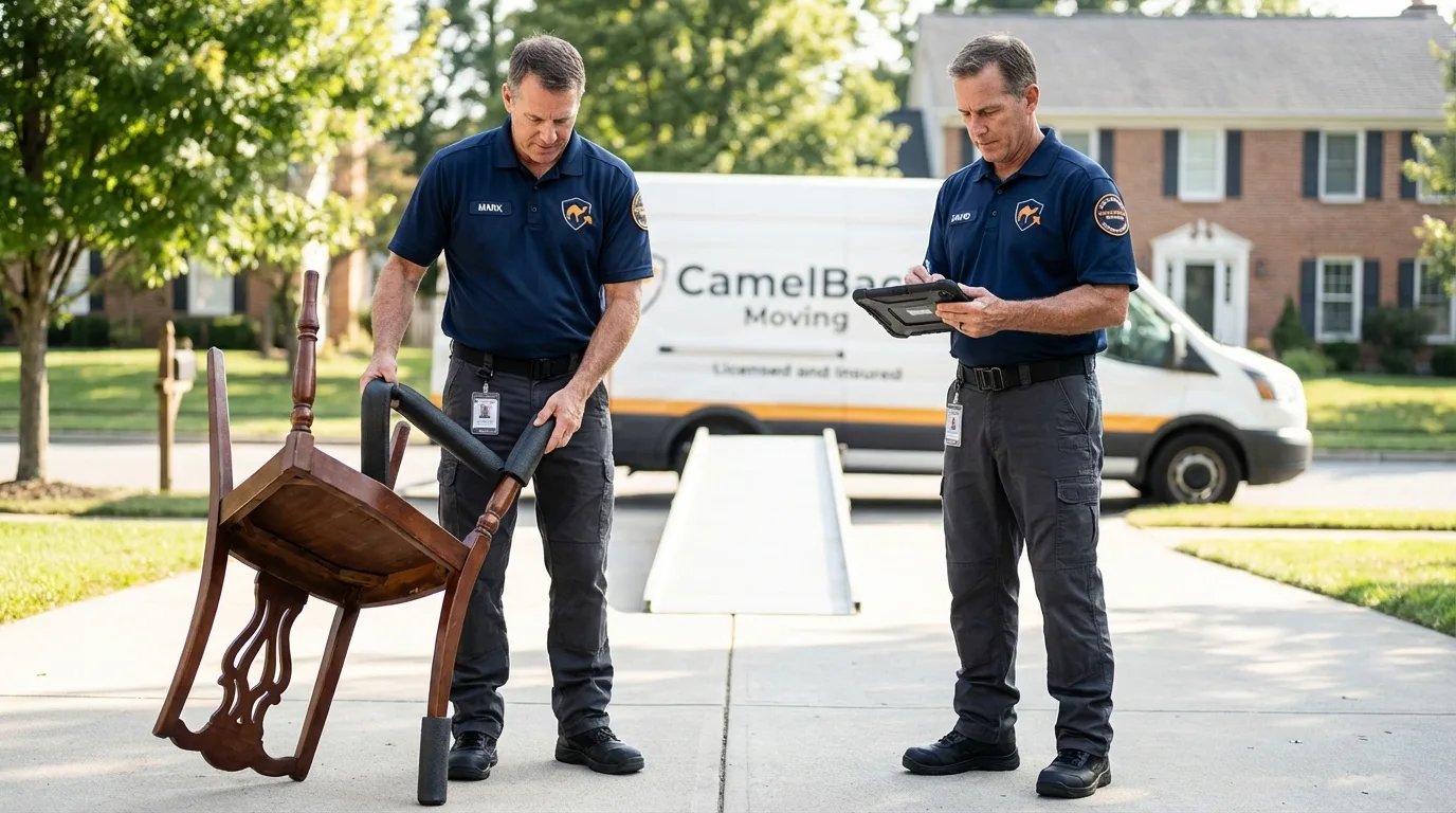 Movers inspecting furniture for damage prevention before loading in Glen Rock, NJ