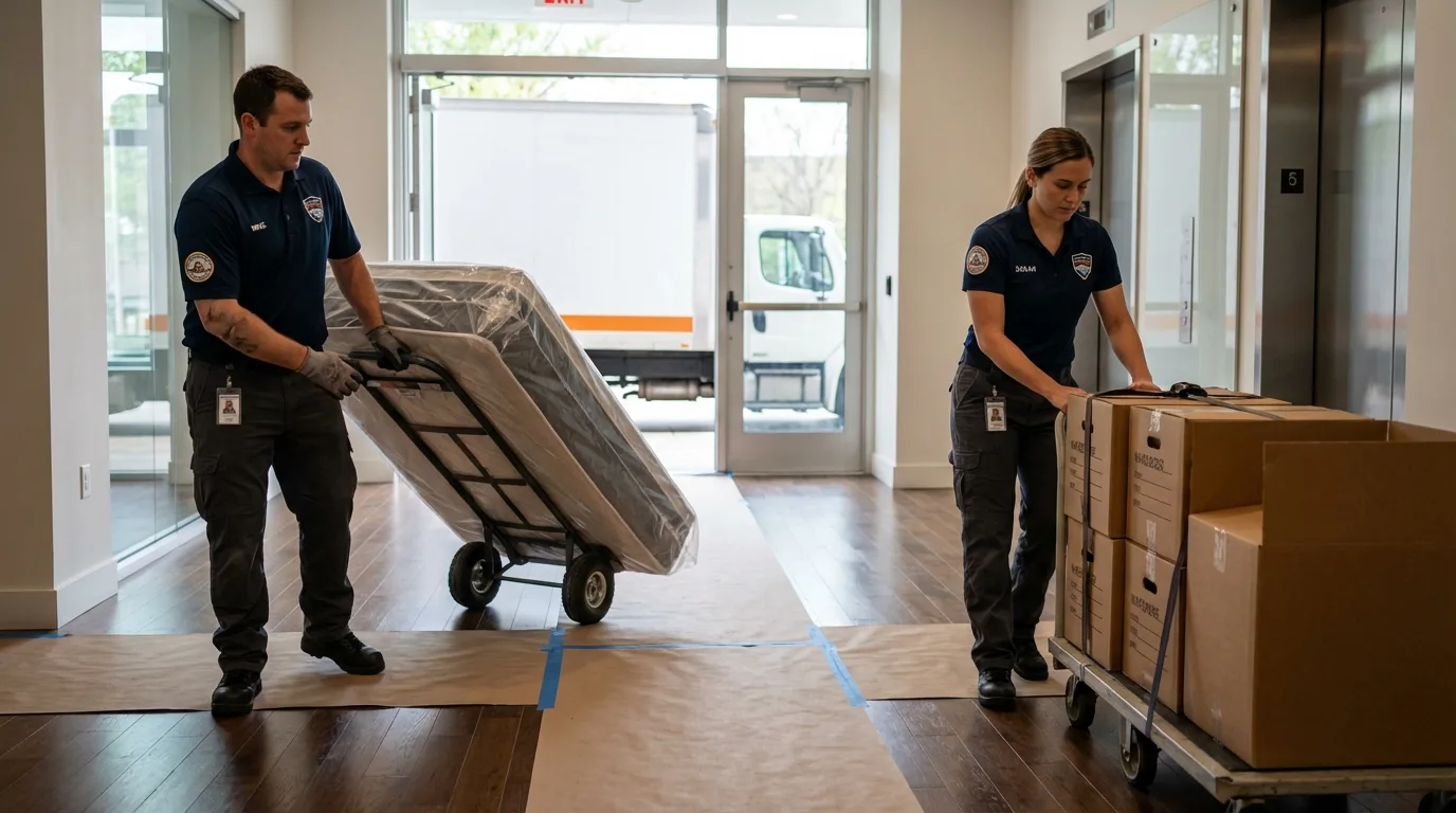 Professional apartment movers loading elevator in Glen Rock, NJ